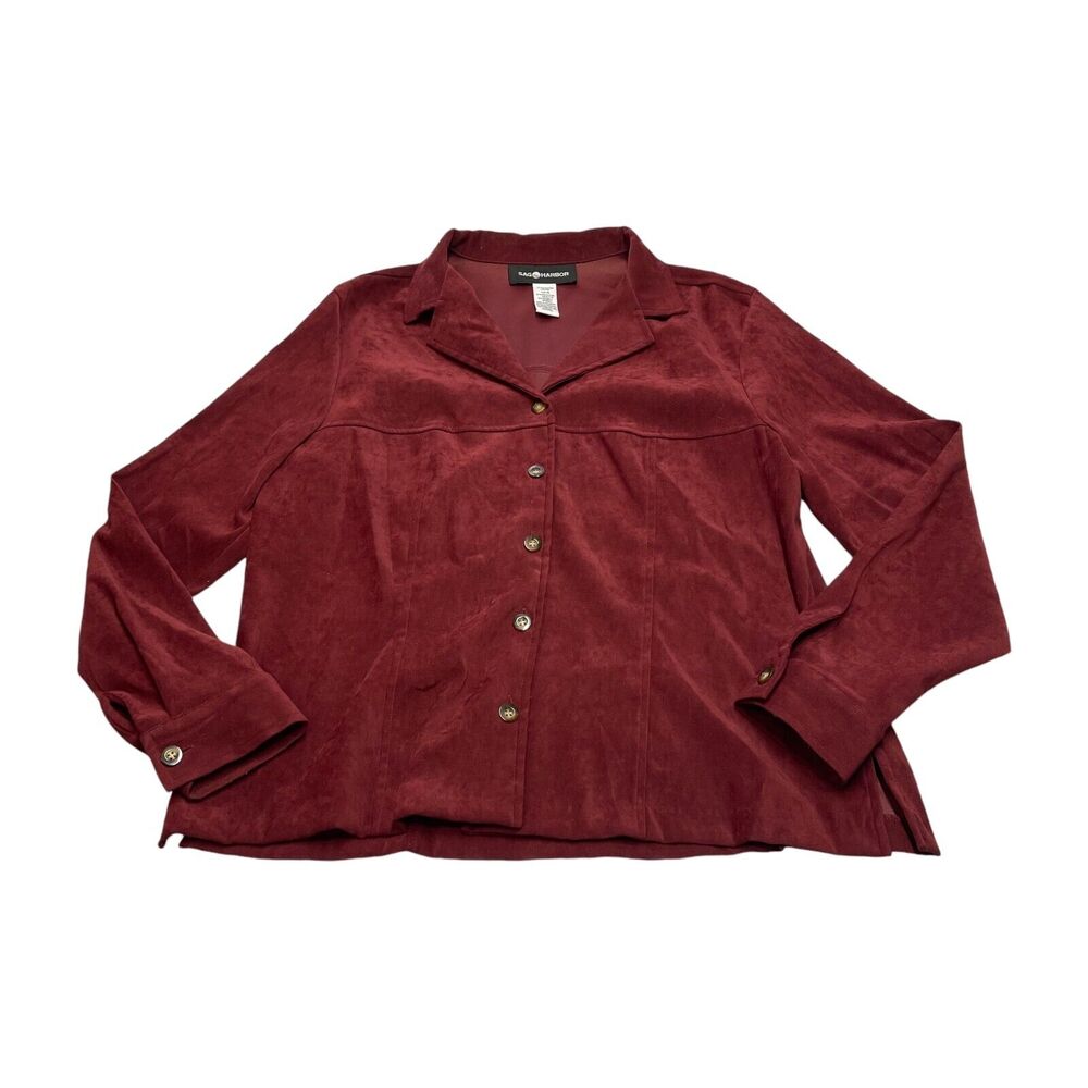Sag Harbor 2-Piece Skirt Suit Women's 16 Maroon Stretch Collared Elastic Waist - Picture 2 of 12